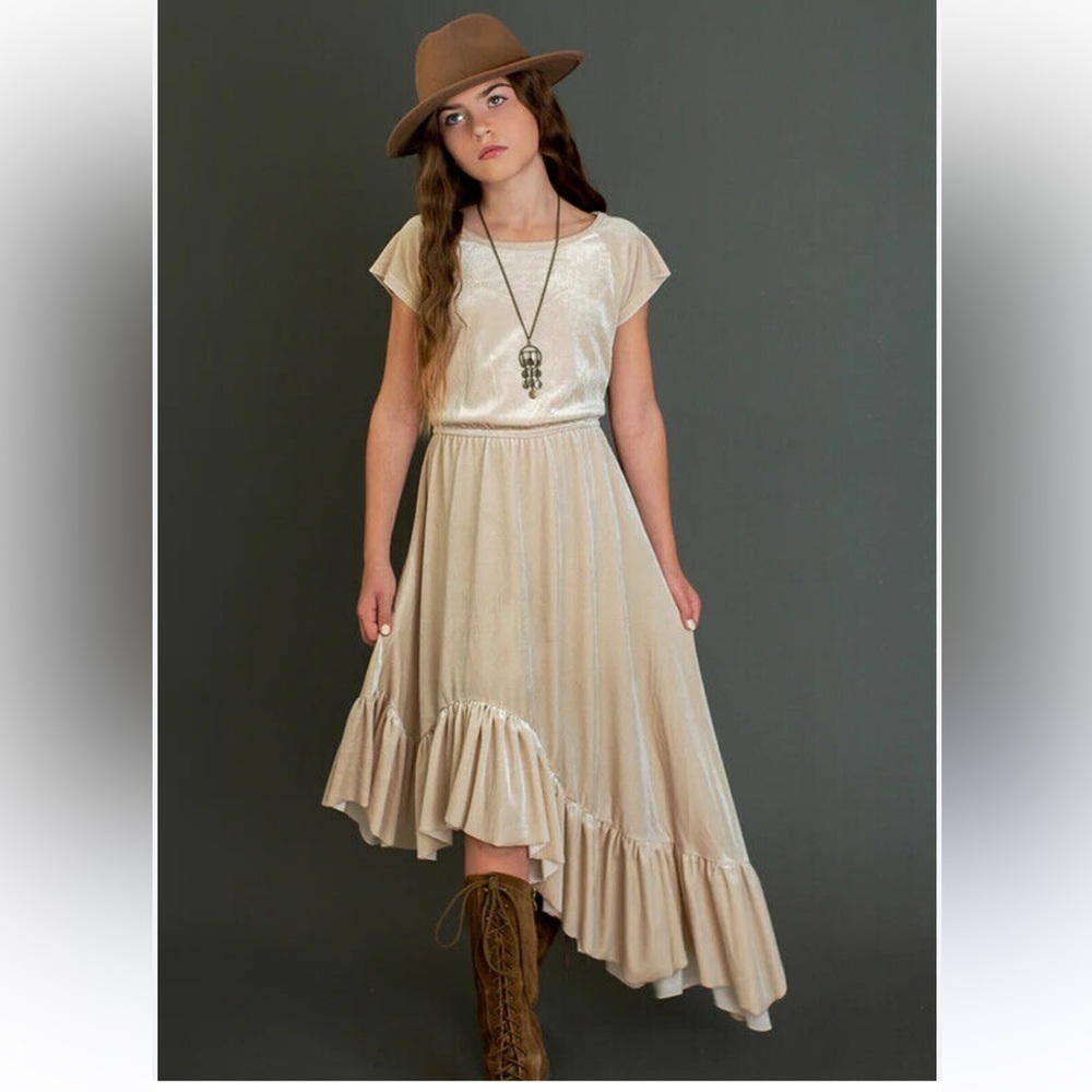 Joyfolie Aleena Ivory Velvet Crewneck Asymmetrical Short Sleeve Midi Dress 14